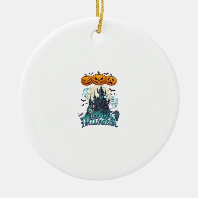 Happy Halloween Haunted Castle Pumpkins Ghosts_1 Ceramic Tree Decoration (Front)