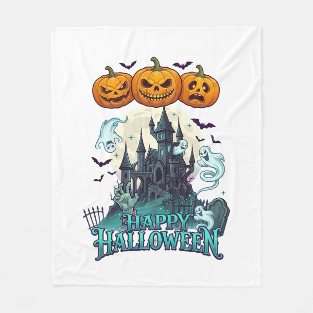 Happy Halloween Haunted Castle Pumpkins Ghosts_1 Fleece Blanket (Front)