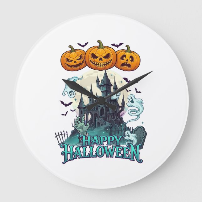 Happy Halloween Haunted Castle Pumpkins Ghosts_1 Large Clock (Front)