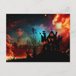 Happy Halloween Haunted House and Witch Postcard