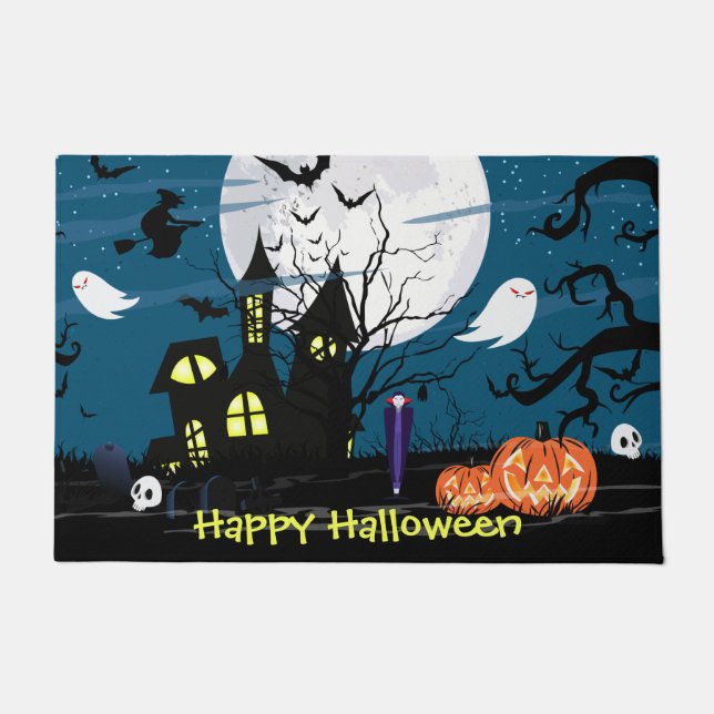 Happy Halloween Haunted House Art Doormat (Front)