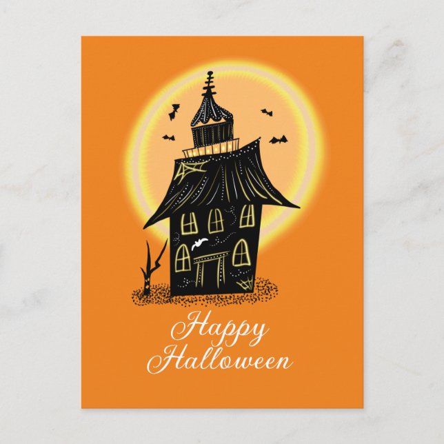 Happy Halloween Haunted House Black Orange Postcard (Front)