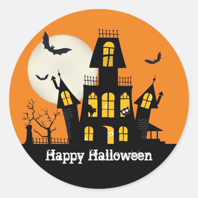 Happy Halloween Haunted House Creepy Spooky Classic Round Sticker (Front)