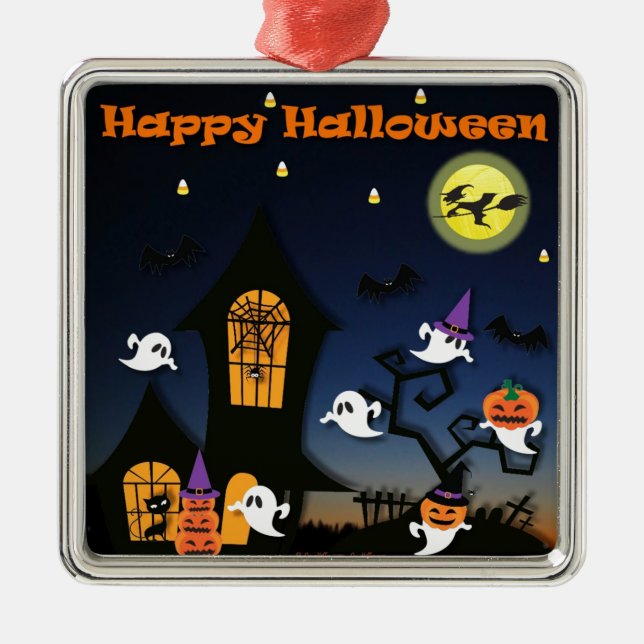 Happy Halloween Haunted House Metal Tree Decoration (Front)