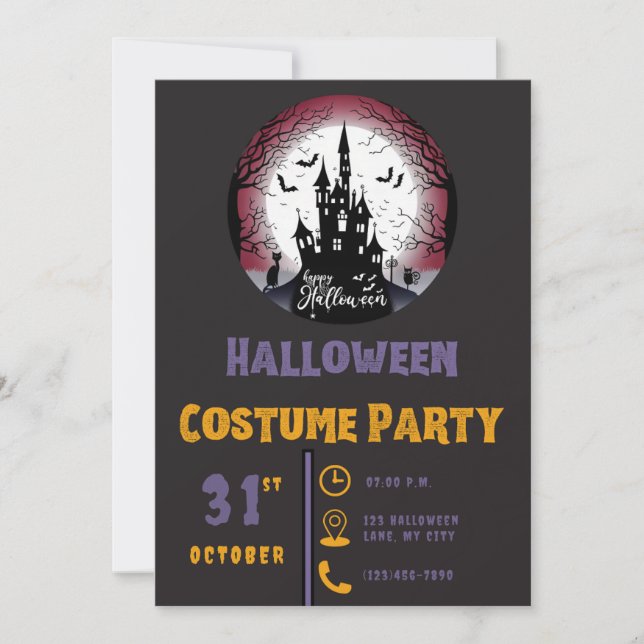 Happy Halloween Haunted House Moon Black Halloween Invitation (Front)