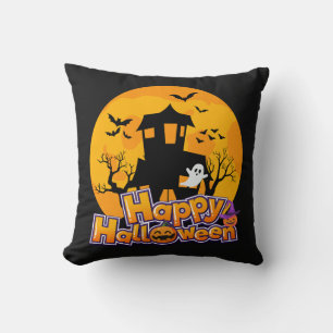 Happy Halloween Haunted House Moon Cushion