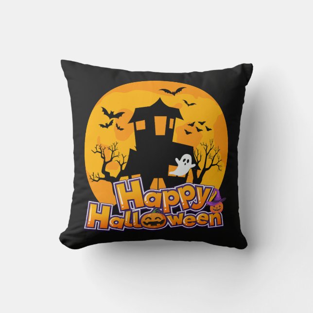 Happy Halloween Haunted House Moon Cushion (Front)
