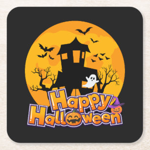 Happy Halloween Haunted House Moon Square Paper Coaster