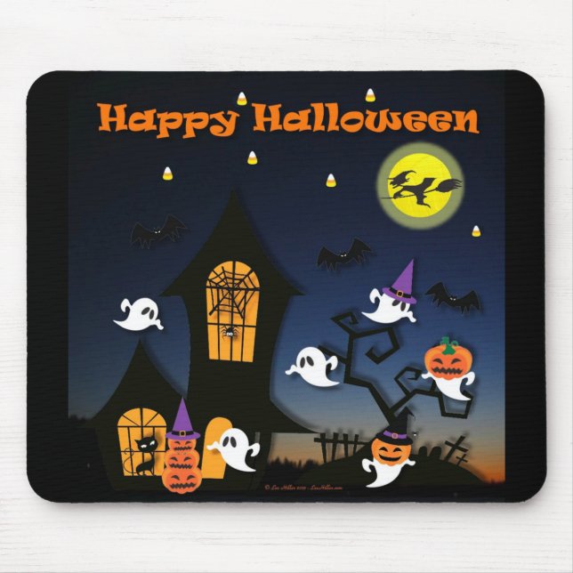 Happy Halloween Haunted House Mouse Mat (Front)