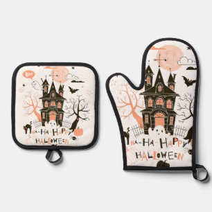 Happy Halloween Haunted House Oven Mitt & Pot Holder Set