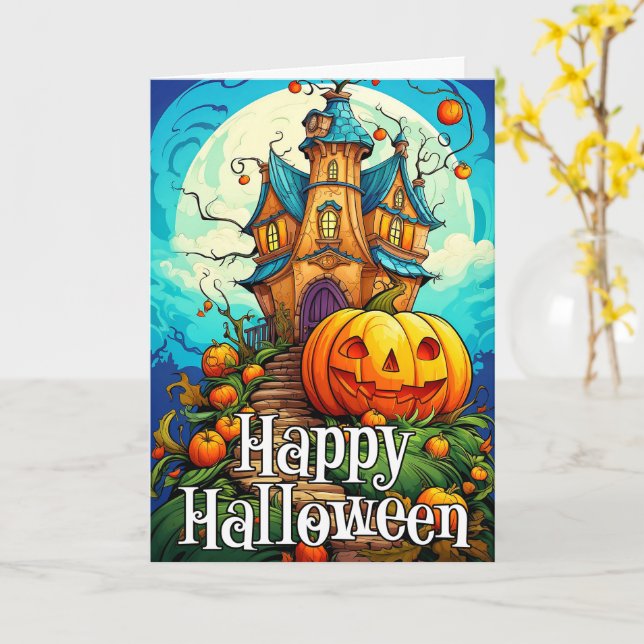 Happy Halloween Haunted House & Pumpkin Card (Yellow Flower)