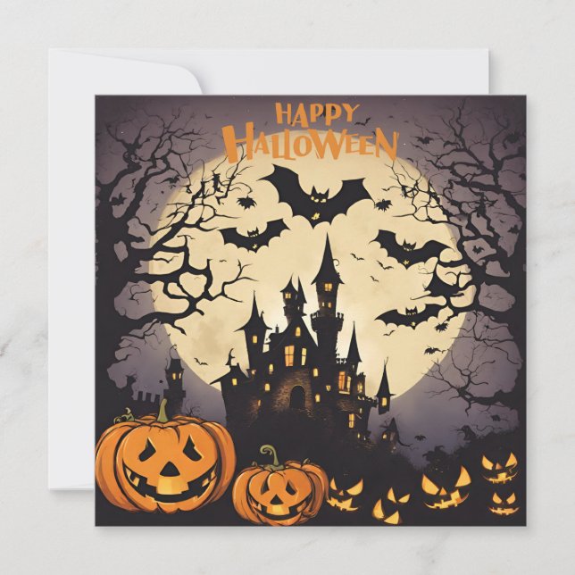 Happy Halloween - Haunted House, Pumpkins and Bats Holiday Card (Front)