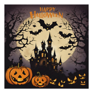 Happy Halloween - Haunted House, Pumpkins and Bats Poster