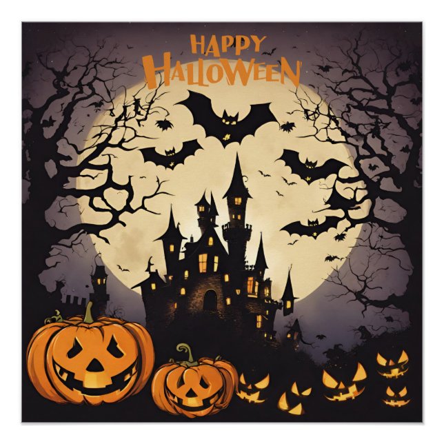 Happy Halloween - Haunted House, Pumpkins and Bats Poster (Front)