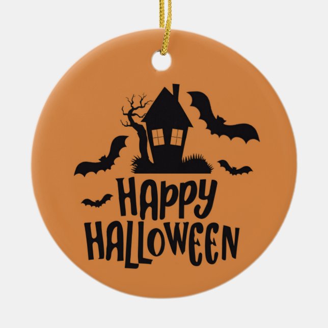 Happy Halloween haunted house spooky bat orange Ceramic Tree Decoration (Front)