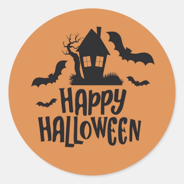 Happy Halloween haunted house spooky bat orange Classic Round Sticker (Front)