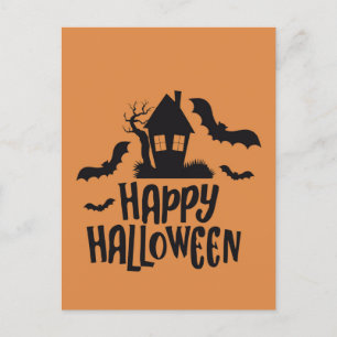 Happy Halloween haunted house spooky bat orange Holiday Postcard