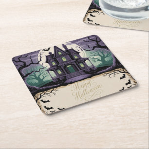 Happy Halloween haunted house Square Paper Coaster