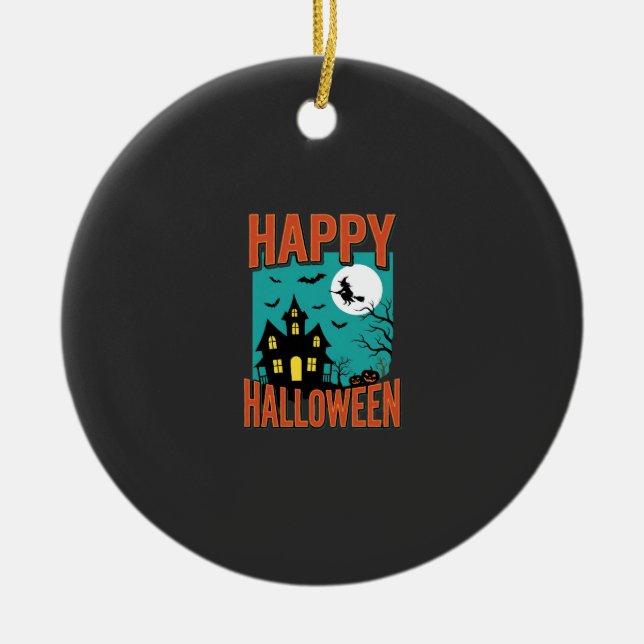 Happy Halloween Haunted House Witch Design Ceramic Tree Decoration (Front)
