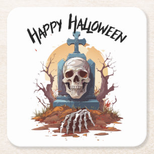 Happy Halloween Head Stone And Skeleton Square Paper Coaster