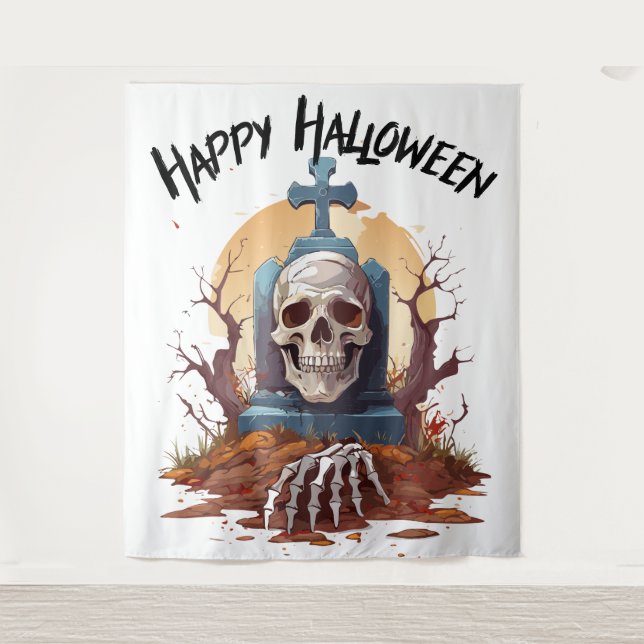Happy Halloween Head Stone And Skeleton Tapestry (Front)