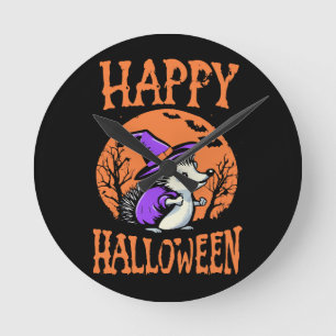 Happy Halloween Hedgehog Witch Round Clock
