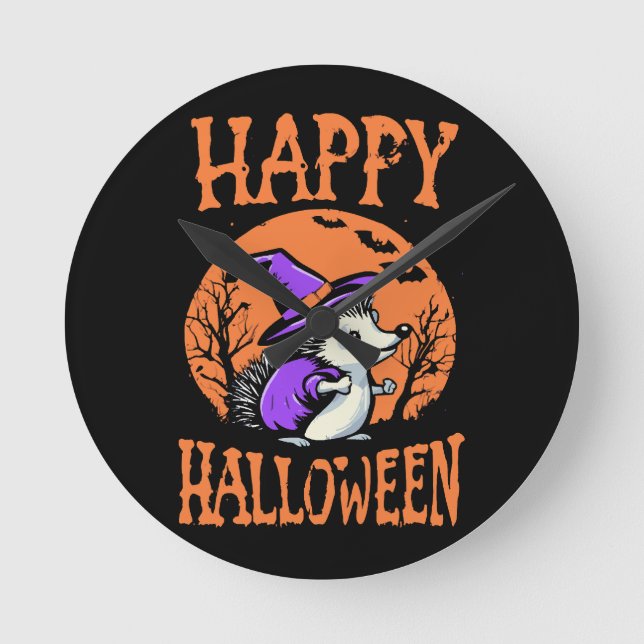 Happy Halloween Hedgehog Witch Round Clock (Front)