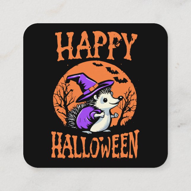 Happy Halloween Hedgehog Witch Square Business Card (Back)