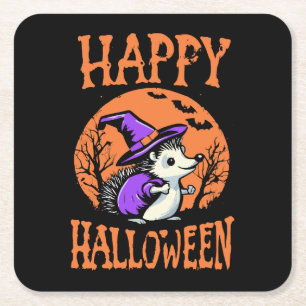 Happy Halloween Hedgehog Witch Square Paper Coaster