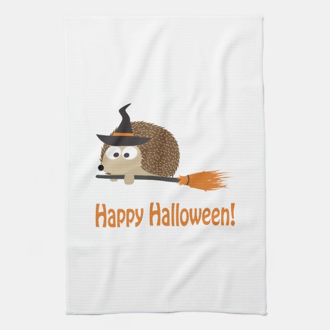 Happy Halloween! Hedgehog Witch Tea Towel (Vertical)