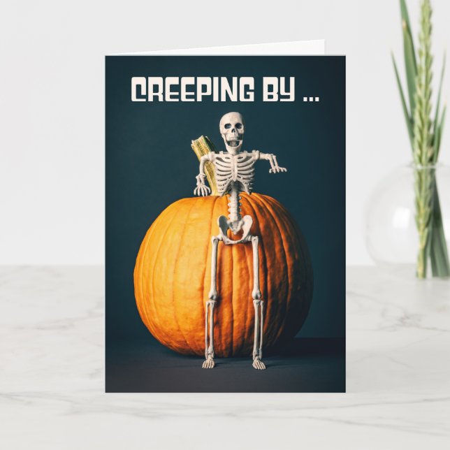 Happy Halloween Hi Creepy Skeleton and Pumpkin Holiday Card (Front)