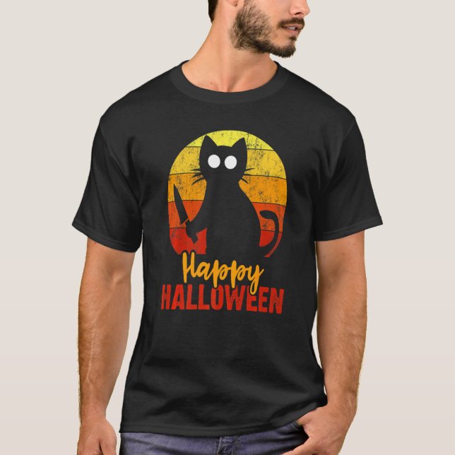 Happy Halloween Horror Black Cat With Knife Scary  T-Shirt (Front)