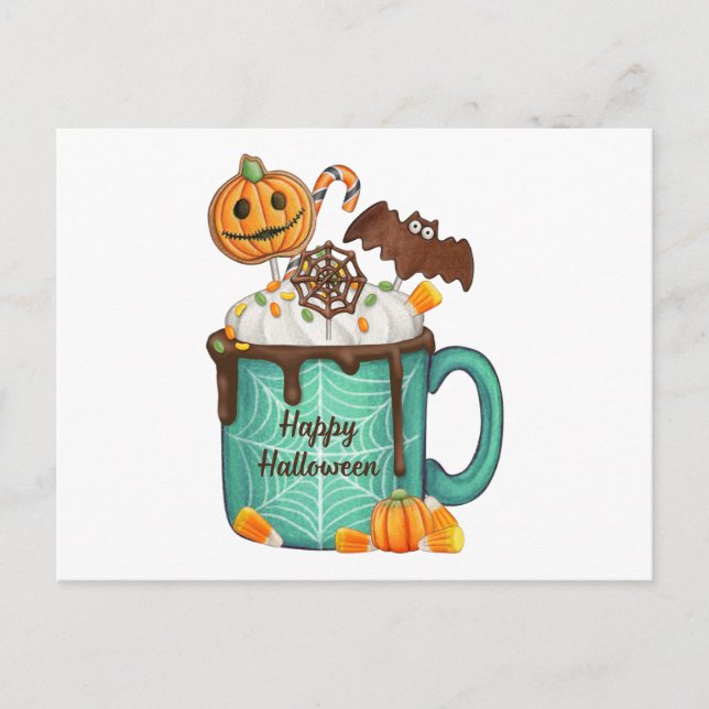 Happy Halloween Hot Chocolate Mug and Candy  Holiday Postcard (Front)
