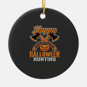 Happy Halloween Hunting Crossed Axes Pumpkin Ceramic Tree Decoration