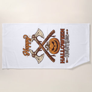 Happy Halloween Hunting Crossed Axes Pumpkin Runes Beach Towel