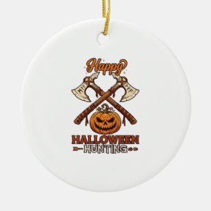 Happy Halloween Hunting Crossed Axes Pumpkin Runes Ceramic Tree Decoration