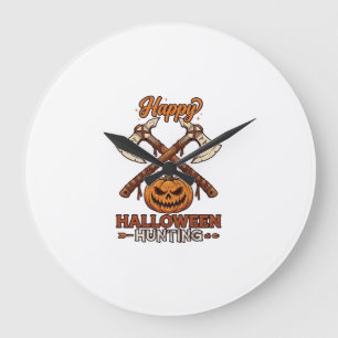 Happy Halloween Hunting Crossed Axes Pumpkin Runes Large Clock