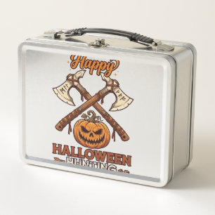 Happy Halloween Hunting Crossed Axes Pumpkin Runes Metal Lunch Box