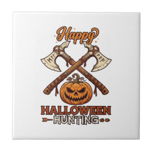 Happy Halloween Hunting Crossed Axes Pumpkin Runes Tile