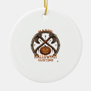 Happy Halloween Hunting Pumpkin Crossed Axes Bone Ceramic Tree Decoration