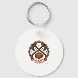 Happy Halloween Hunting Pumpkin Crossed Axes Bone  Key Ring