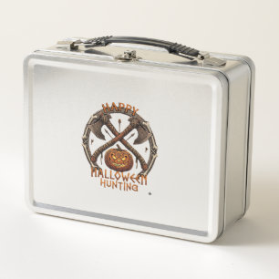 Happy Halloween Hunting Pumpkin Crossed Axes Bone Metal Lunch Box
