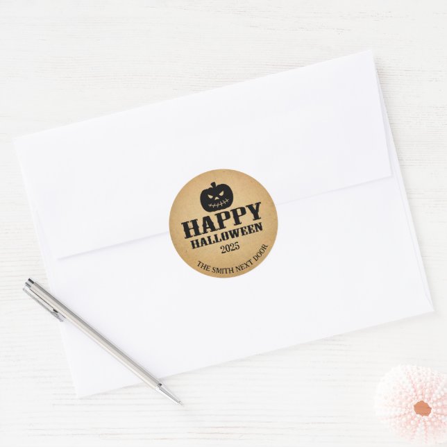 Happy Halloween Jack-O-Lantern Brown Paper Classic Round Sticker (Envelope)