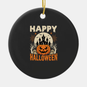 Happy Halloween Jack O Lantern Haunted Castle Ceramic Tree Decoration