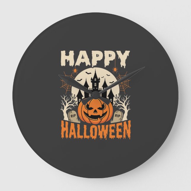 Happy Halloween Jack O Lantern Haunted Castle Large Clock (Front)