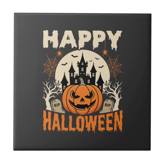 Happy Halloween Jack O Lantern Haunted Castle Tile (Front)