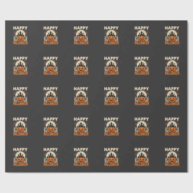Happy Halloween Jack O Lantern Haunted Castle Wrapping Paper (Flat)