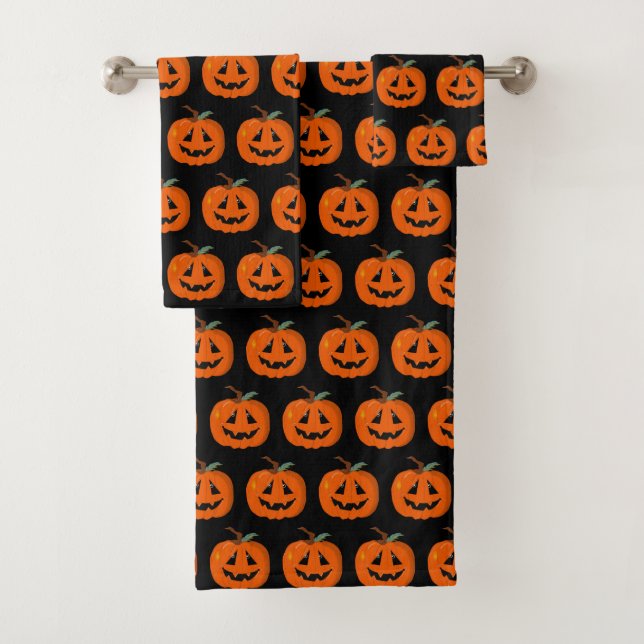 Happy Halloween Jack O Lantern Illustrative Art Bath Towel Set (Insitu)