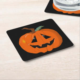 Happy Halloween Jack O Lantern Illustrative Art Square Paper Coaster