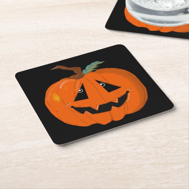 Happy Halloween Jack O Lantern Illustrative Art Square Paper Coaster (Angled)